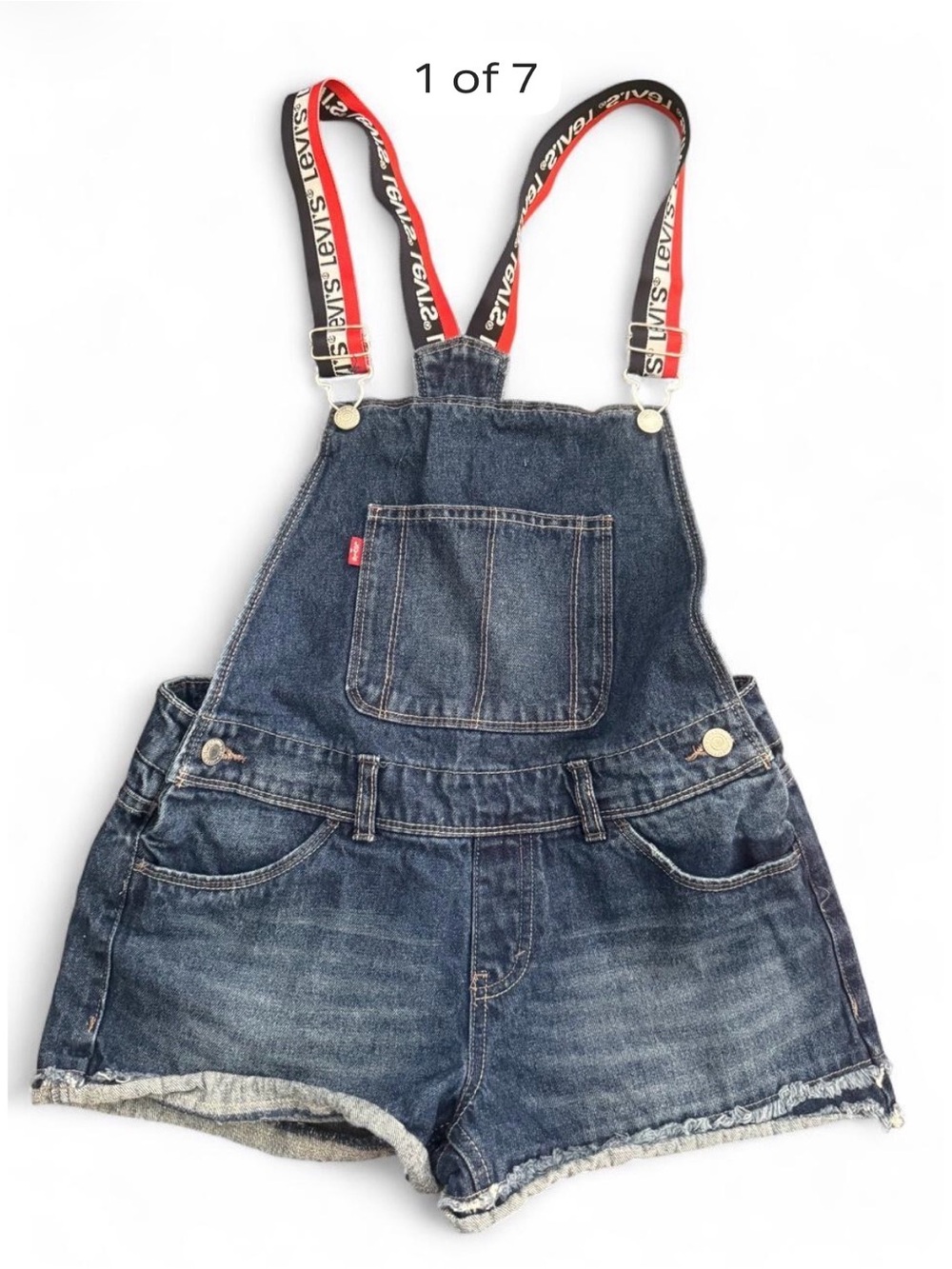 Levi's Dark Blue Denim Short Overalls with Red Logo Suspenders